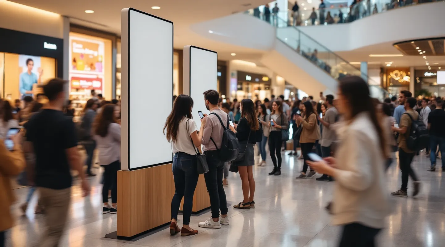 A brand stand in a shopping mall; people scan the QR on a totem and vote for a flavour