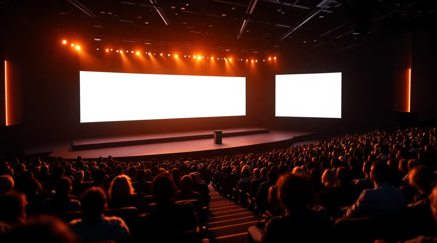 A full conference hall; the wide screen shows a word cloud growing from the audience