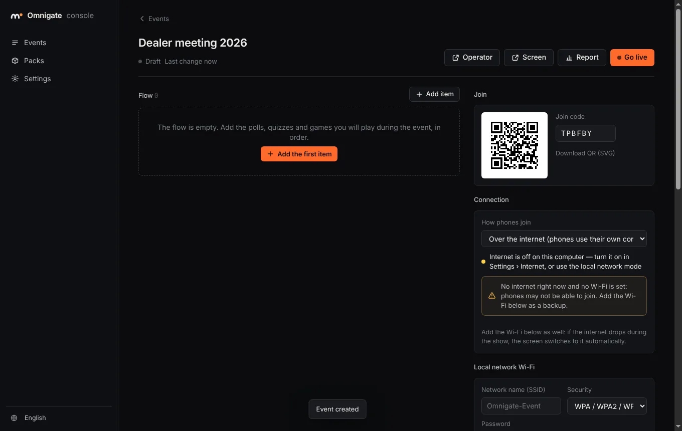 The Omnigate console: event page with flow, join QR and connection settings