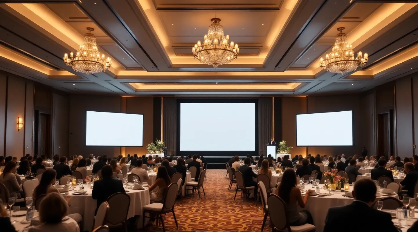 A hotel ballroom sales meeting; the centre screen shows the live ranking of regions, the side screens the join code