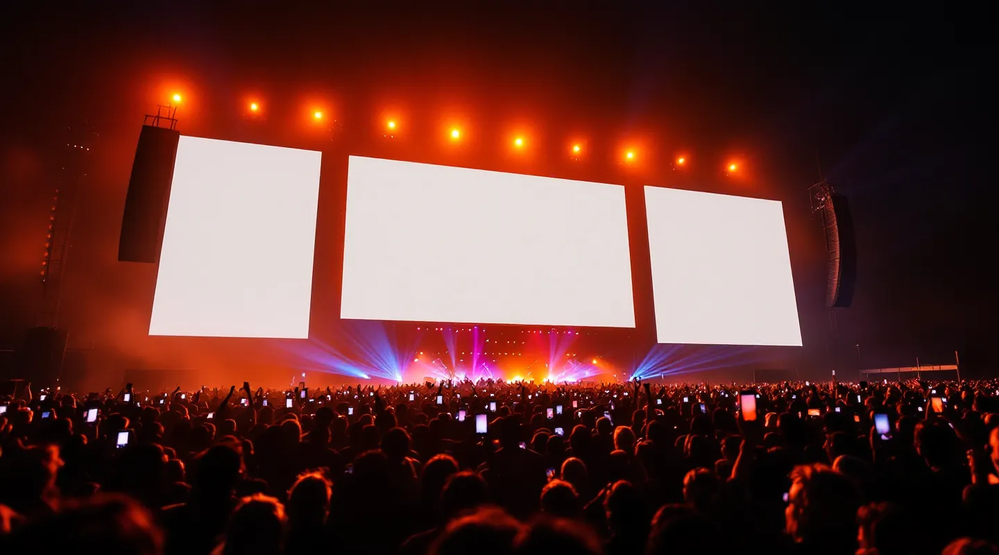 A festival crowd at night; three LED screens show a race between the two halves of the crowd