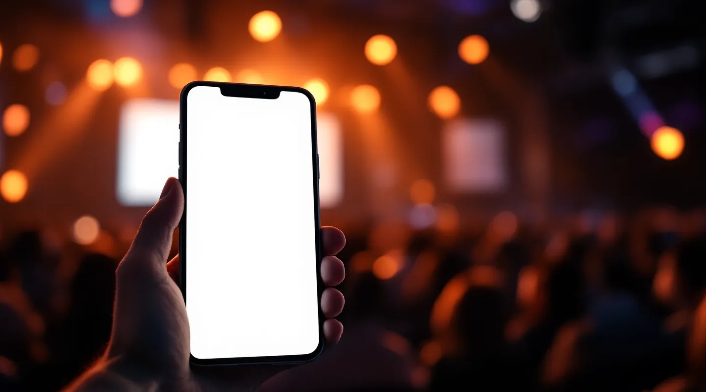 A hand holds up a phone at a concert; the phone shows the event it just joined