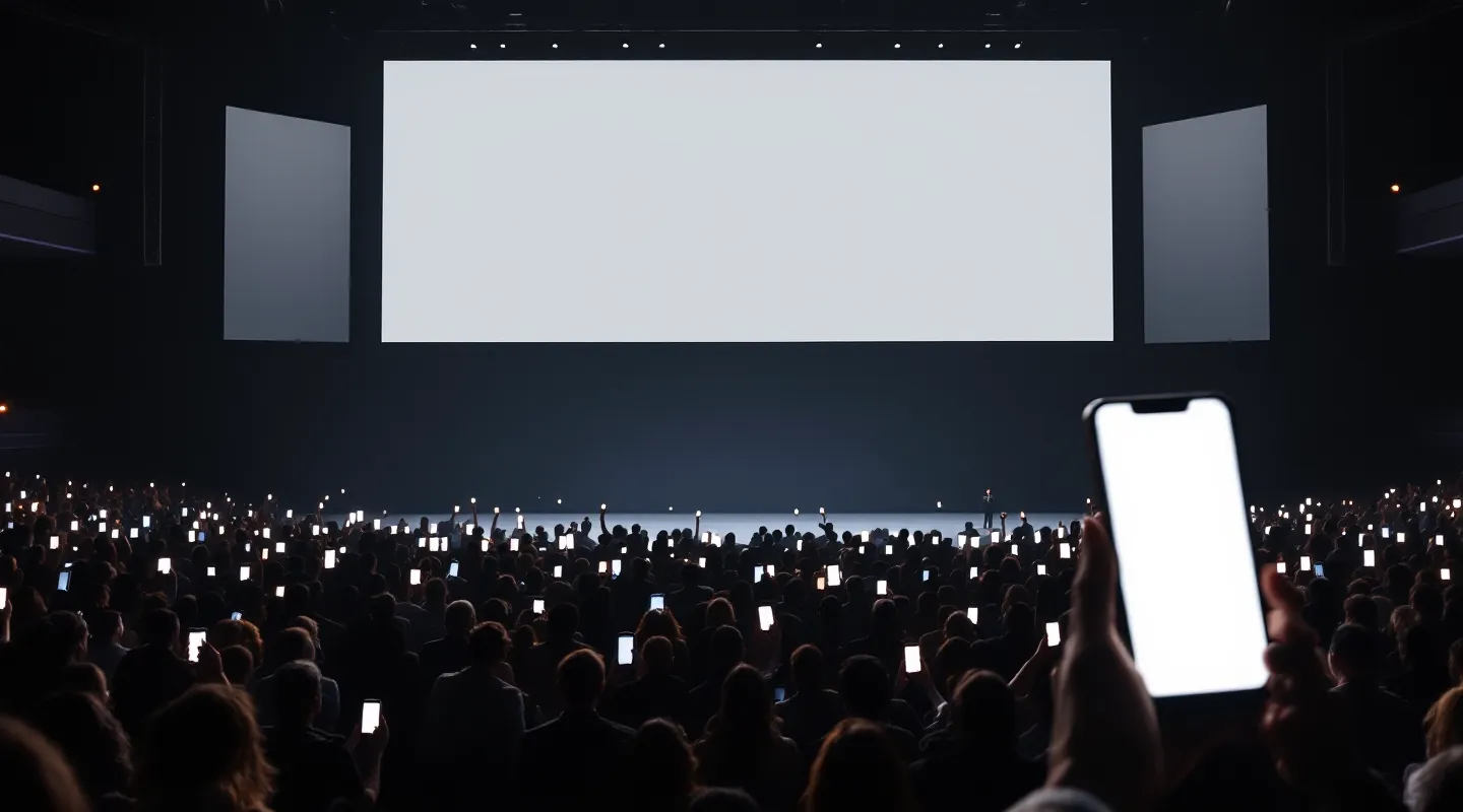 A product launch: hundreds of guests hold up their phones toward a big LED wall that shows a live poll