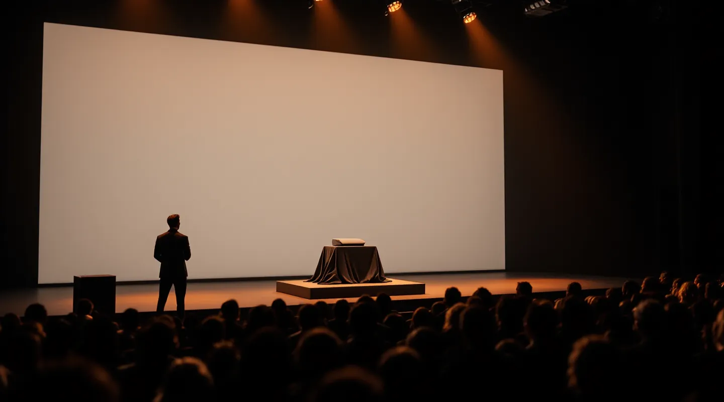 A presenter on stage next to a covered product; the LED wall shows a live colour vote
